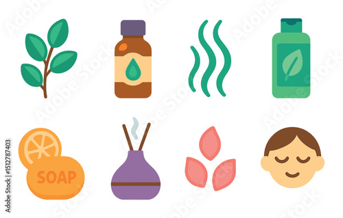 Aromatherapy shower flat icon set. relaxation and wellness symbols