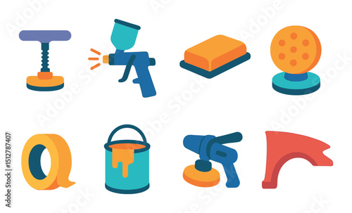 Bodywork flat icon set for automotive repair. car maintenance and detailing symbols