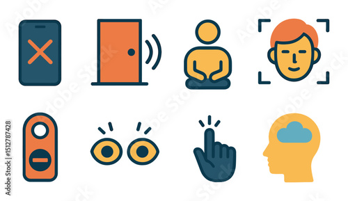 Distraction-free focus icon set: flat style concentration and mindfulness symbols
