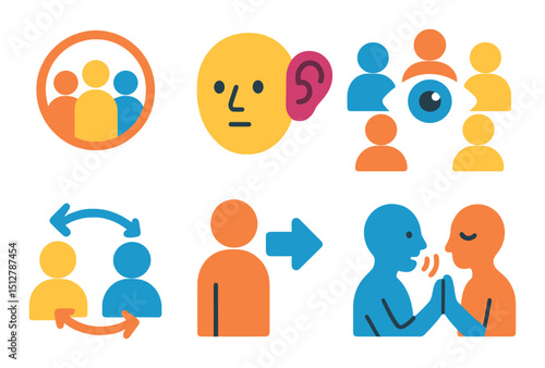 Listening skills flat icon set. communication and interaction visuals