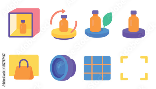 Product photography icon set in flat style. stylish branding and marketing symbols