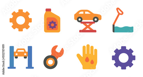 Transmission service flat icon set. vehicle maintenance and repair symbols
