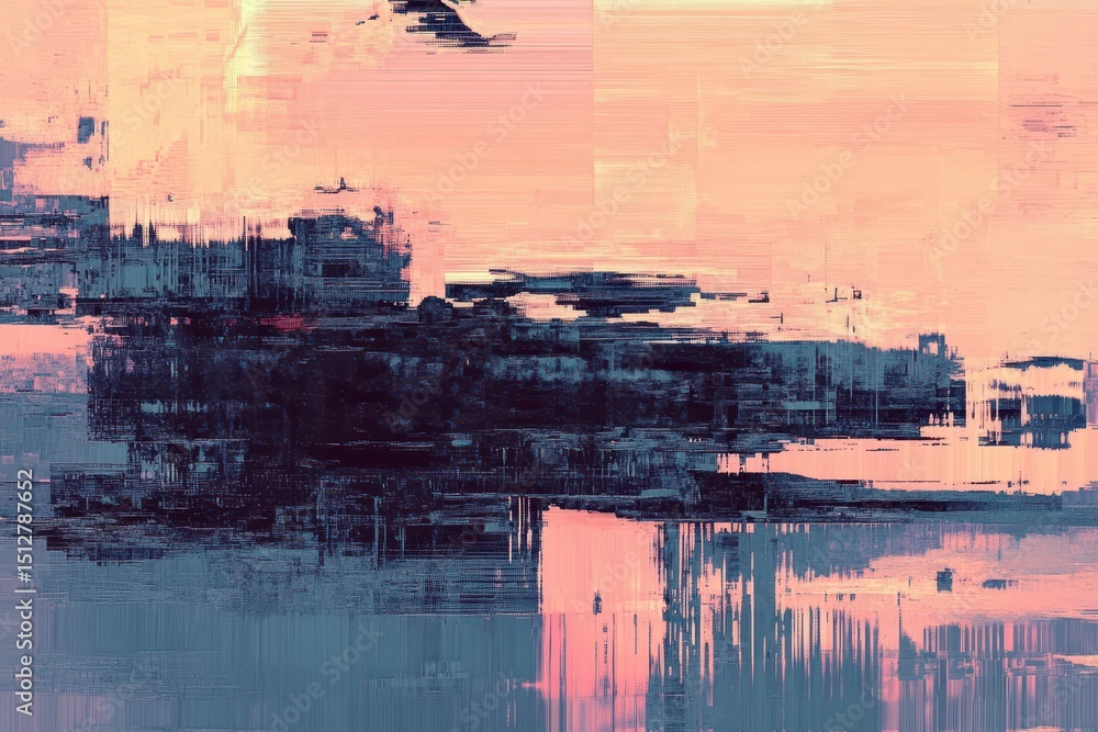 Fototapeta premium Abstract digital painting with blurred, layered brushstrokes in muted peach, dusky rose, and dark teal hues, suggesting a landscape or cityscape