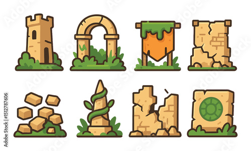 Ancient ruins icon set: simple flat symbols for history, archaeology themes