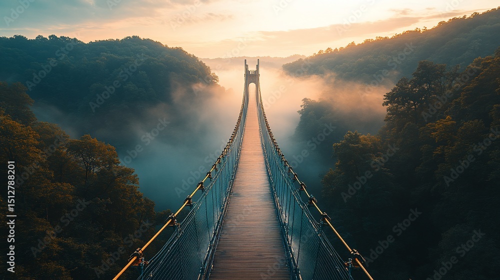Fototapeta premium Suspension Bridge Vanishing into Foggy Forest at Sunrise, Perspective View