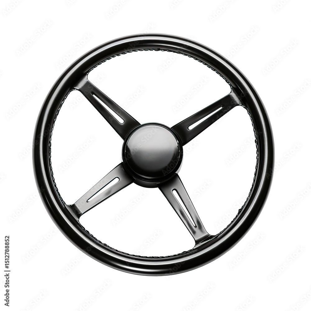 Naklejka premium Vintage Black Steering Wheel On White. Isolated Car Part For Restoration Projects And Classic Car Enthusiasts.