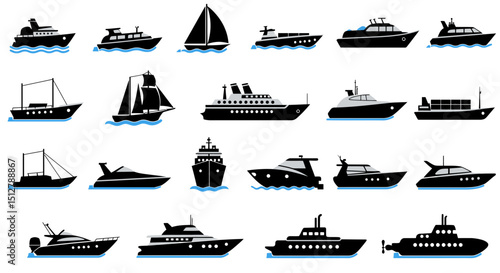 a collection of black silhouette icons of various types of boats and ships, including sailboats, yachts, cruise ships, tankers, tugboats, and more, all arranged in a grid-like pattern