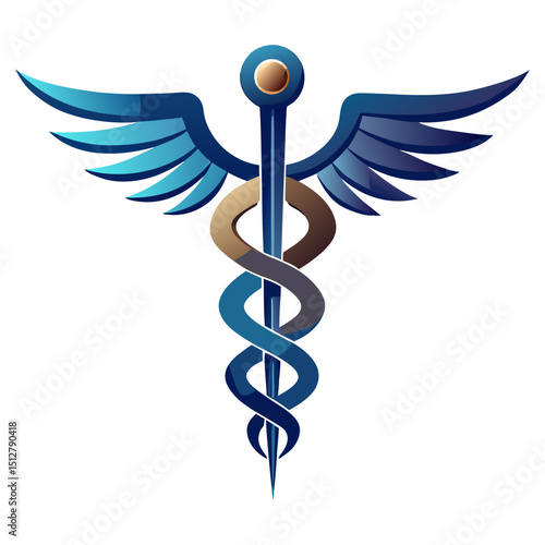 A vibrant blue and gold caduceus symbol with stylized wings and intertwined snakes, representing medicine, healthcare, or healing.