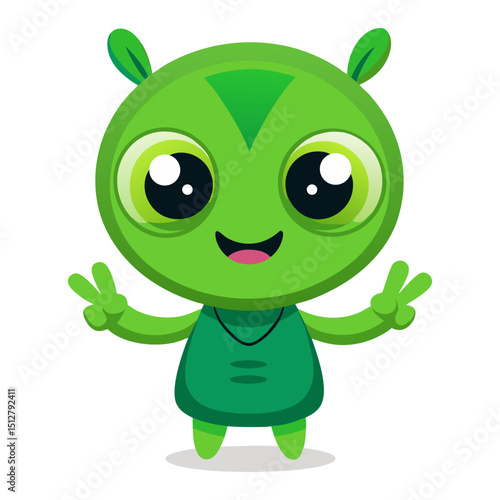 A cute, green, cartoon alien with big eyes and a smile, making peace signs with both hands.