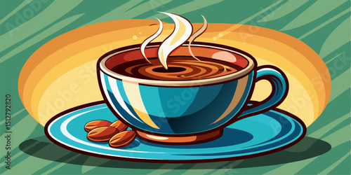 The warmth of steaming coffee invites you to enjoy it on a quiet morning, with a tempting cup of coffee, accompanied by its original beans, ready to refresh your day.
