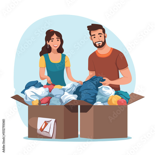 Young Volunteer Couple Contributing by Donating Clothes - Vector Illustration