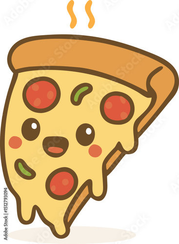 Hot melting cute pizza slice with pepperoni and cheese