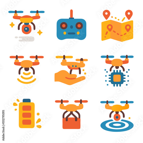 Drone device icons representing nine symbols for drone technology. Suitable for digital design projects, websites, and presentations on drones.