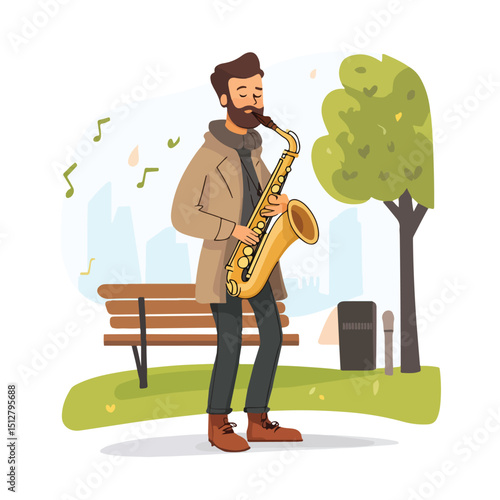 Professional Saxophonist Performing Live Music with Singing Avatar Cart Art EPS Illustration