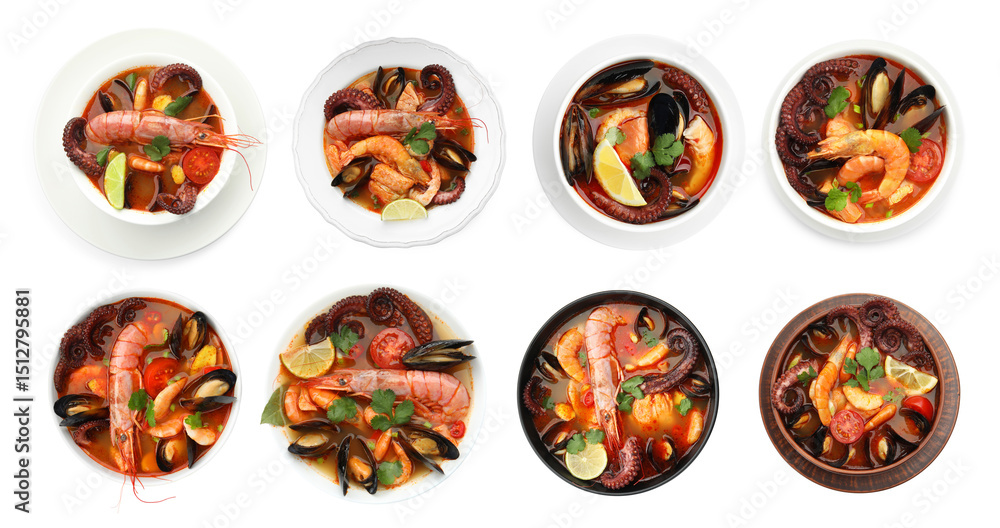 Delicious seafood soup in bowls isolated on white, collage. Top view Delicious seafood soup in bowls isolated on white, collage. Top view