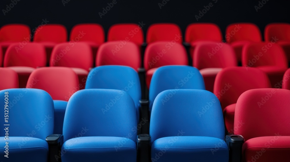 Fototapeta premium Empty rows of vibrant blue and red seats in a modern auditorium space