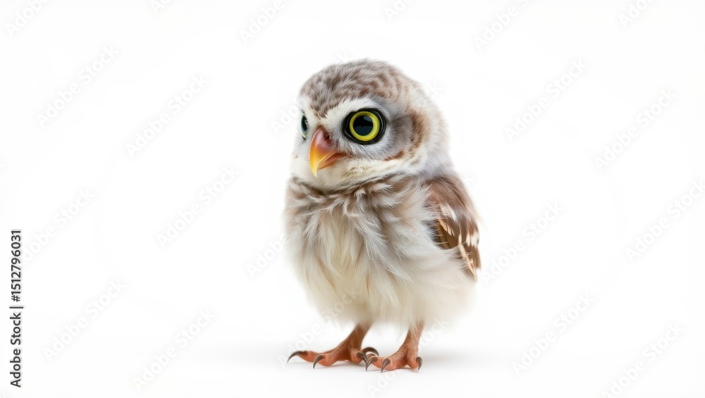 Obraz premium Adorable Baby Owl with Wide Eyes on White Background