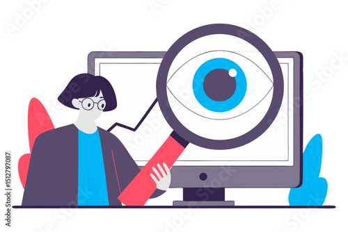 A person wearing glasses holds a large magnifying glass focused on a computer monitor displaying a prominent eye icon, symbolizing digital surveillance, data privacy, or online monitoring.