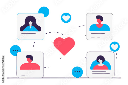 An illustration depicting a network of diverse user profiles connected by a large central heart, symbolizing social connections, online dating, or community engagement.