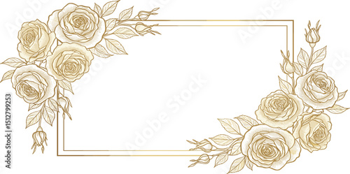 Vector gold on white flowers frame, roses luxury pattern, floral blossom elegant design background, nature botanical banner.