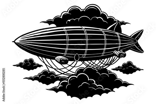 A detailed black and white illustration of a vintage airship or zeppelin flying through dark, stylized clouds, evoking a steampunk or retro-futuristic aesthetic.