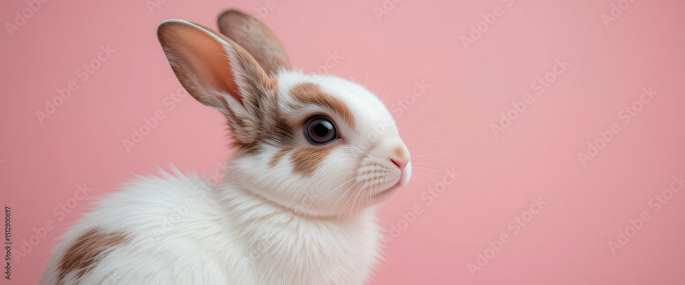 Fototapeta premium White and brown spotted rabbit in side profile with alert expression and soft fur sitting against a pink background, realistic domestic bunny in natural lighting