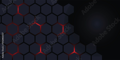 Dark gray and red horizontal hexagonal technology abstract vector background. red bright energy flashes under hexagon in futuristic modern technology wide banner. Dark gray honeycomb texture grid.