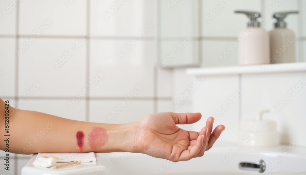 Arm with lipstick swatches resting on bathroom sink countertop Arm with lipstick swatches resting on bathroom sink countertop