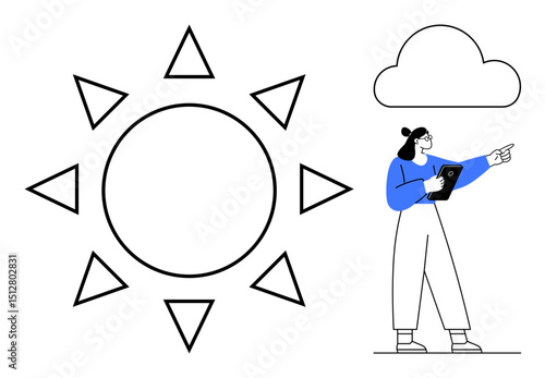 Sun with triangular rays, cloud shape, woman holding tablet pointing outward. Ideal for weather forecast, education, technology, environment, presentations, reports simple landing page