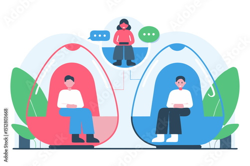 Two individuals in separate, transparent pods communicating with a third person floating between them, symbolizing social distancing, online communication, or isolated workspaces.