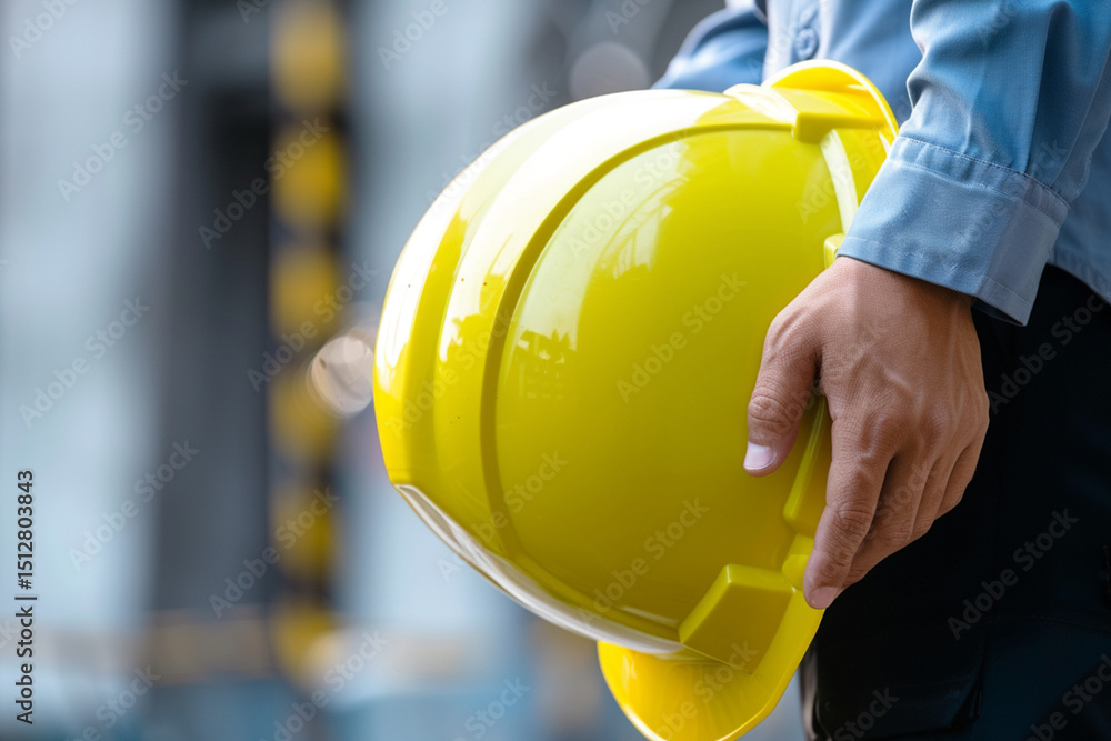 Close up engineer hand hold safety yellow helmet hard hat at Construction Site Close up engineer hand hold safety yellow helmet hard hat at Construction Site