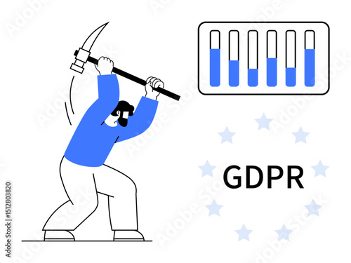 Man wielding pickaxe mining data bar graph, with GDPR text and stars. Ideal for data security, regulation, privacy, compliance, data management, legal frameworks, simple landing page