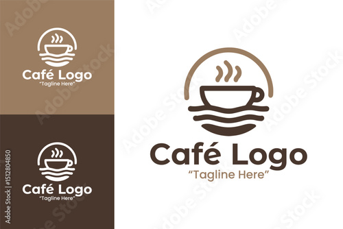 Sleek Café Logo with Coffee Cup and Water Wave Design in Warm Brown and Cream