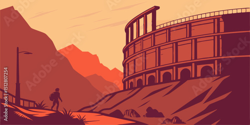 Walk along the path near ancient ruins at sunset with mountains in the background