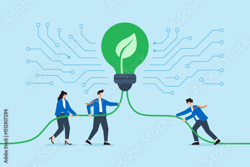 Flat illustration of employees connecting green lightbulb cables on digital circuit board representing renewable power teamwork