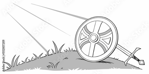 Viking shield and sword resting on grassy hill under sunlight in an ancient battleground