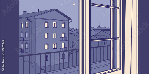 View from a window at twilight showing a cityscape with buildings and a balcony
