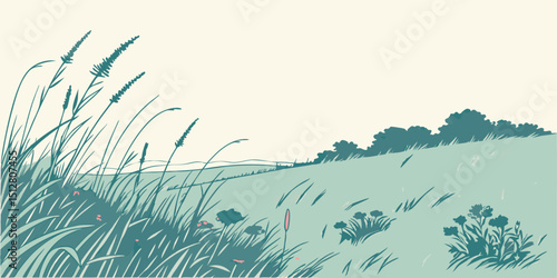 Rolling green hills under a clear sky with wild grasses swaying in a gentle breeze during a tranquil afternoon
