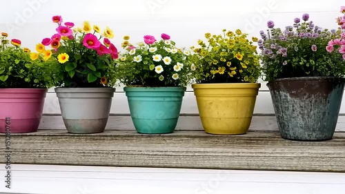 Wallpaper Mural Floral symphony: Colorful potted plants creating a vibrant display on a wooden ledge Torontodigital.ca