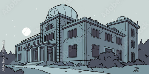 Abandoned observatory surrounded by trees at night with a full moon in the sky