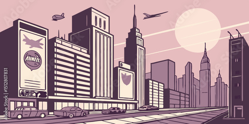 Cityscape illustration showcasing modern architecture and urban life at dusk with soft colors and vibrant details in the skyline