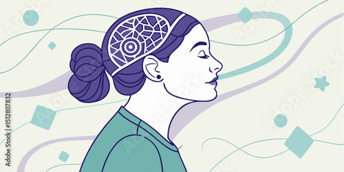 Modern illustration of a woman in profile with stylized brain and soothing patterns