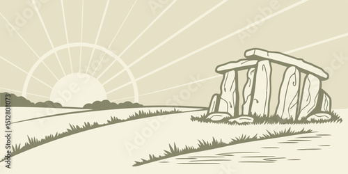 Sunrise over ancient stone structure in open field with distant hills and rays of light shining through