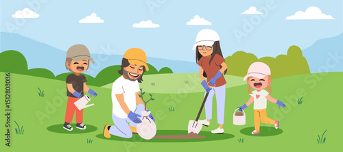 Cartoon vector illustration showing a family planting a tree together in a forest. Drawing for ecological awareness and family bonding concept