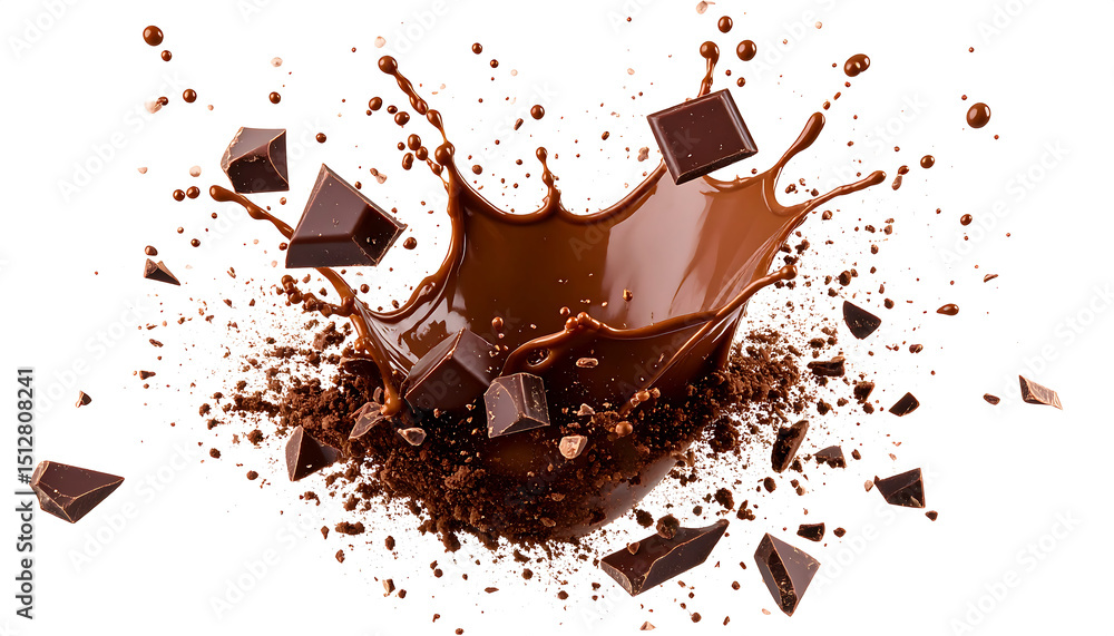 Fototapeta premium Dynamic chocolate splash with flying pieces and powder on white background, symbolizing richness and flavor.