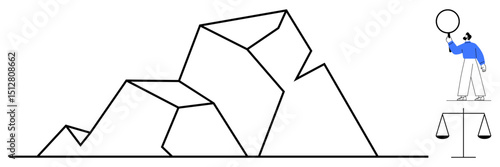 Abstract geometric mountain shapes with person balancing circle on a scale. Ideal for balance, decision-making, equality, challenge, abstract art, problem-solving, simple landing page