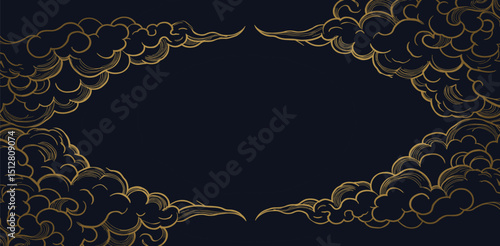 Vector line japanese pattern, golden cloud on dark blue background. Wave art, chinese ornament, elegant sky frame. Vintage swirl curve backdrop.