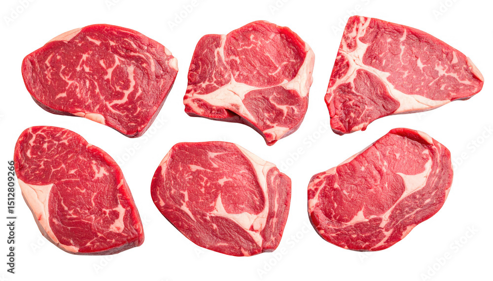 Fresh Ribeye Steaks on White Background, Perfect for Cooking Fresh Ribeye Steaks on White Background, Perfect for Cooking