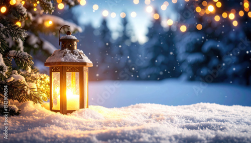 Winter Night Scene with Lantern, Snow, and Holiday Lights Glow