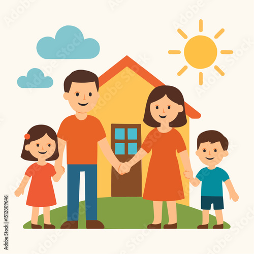 Illustration of a family of four holding hands in front of a house under the sun and clouds